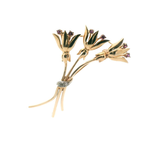 Vintage Two Tone Gold 14K Diamond & Ruby Flower Brooch