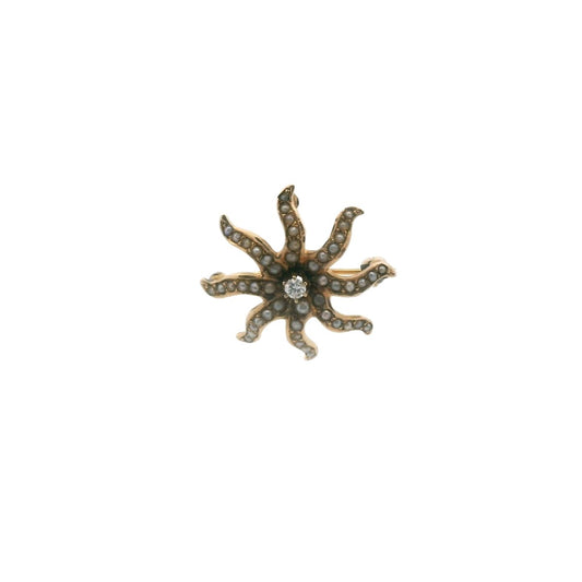 Antique 14K Yellow Gold Diamond & Seed Pearl Flower Brooch