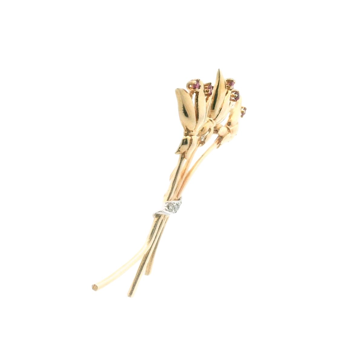 Vintage Two Tone Gold 14K Diamond & Ruby Flower Brooch