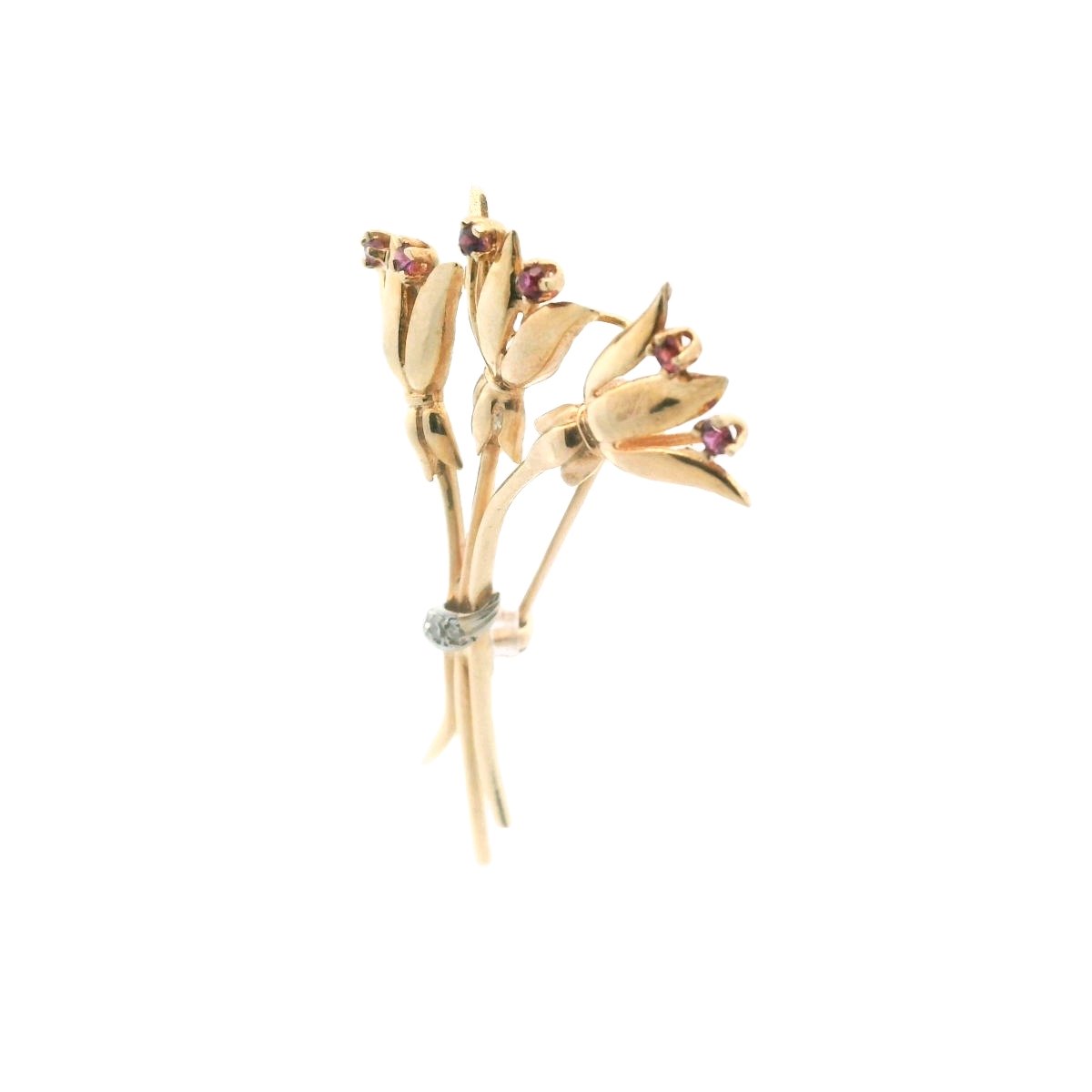 Vintage Two Tone Gold 14K Diamond & Ruby Flower Brooch