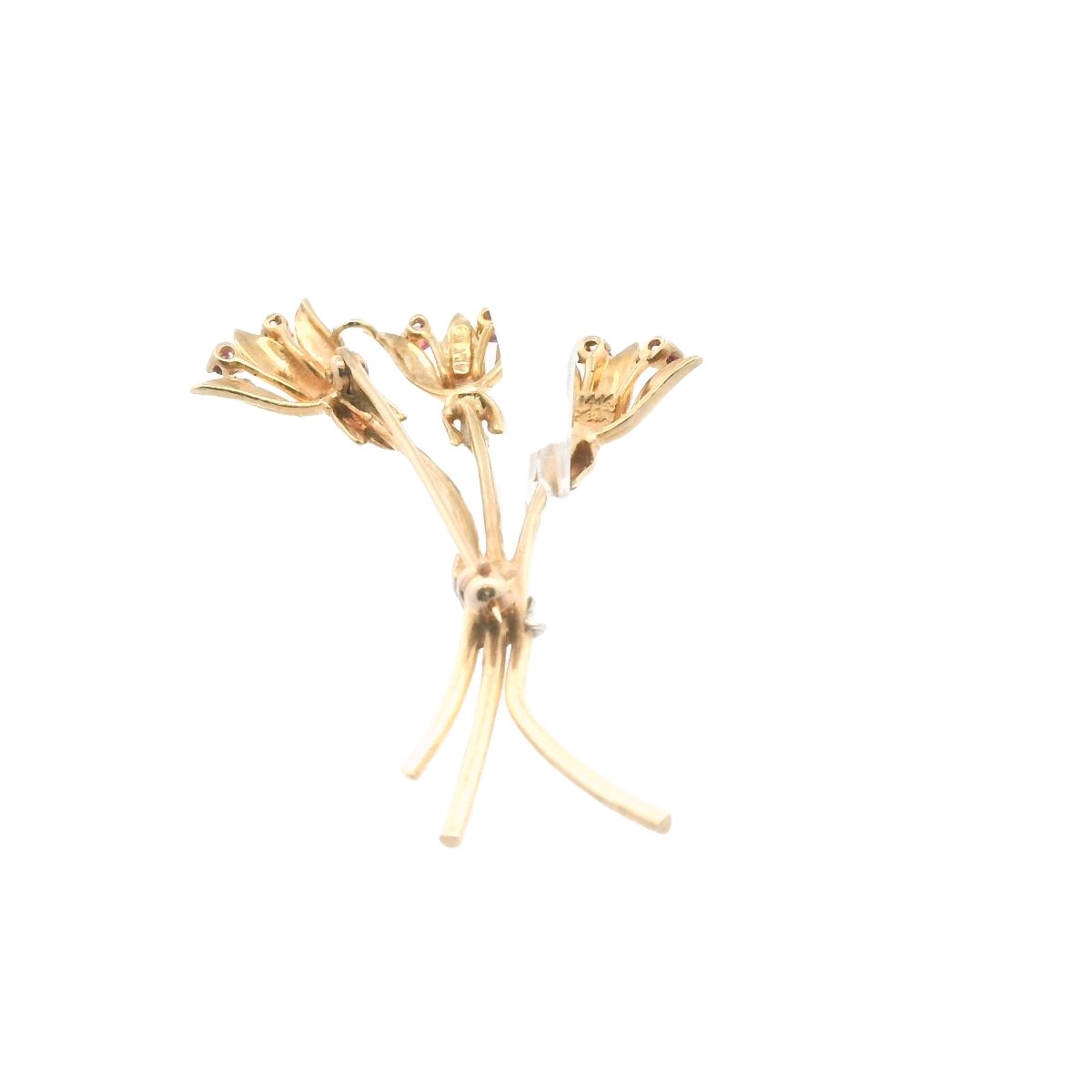 Vintage Two Tone Gold 14K Diamond & Ruby Flower Brooch