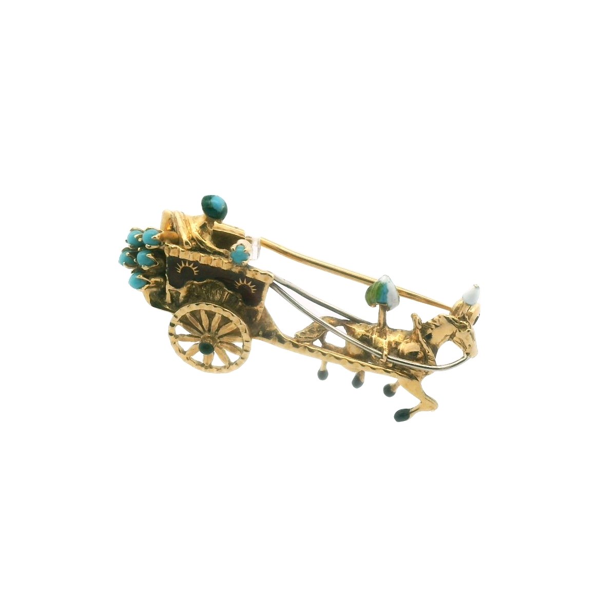 Vintage Sosai 18K Two Tone Gold Turquoise Enamel Horse Cart Brooch