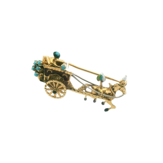 Vintage Sosai 18K Two Tone Gold Turquoise Enamel Horse Cart Brooch