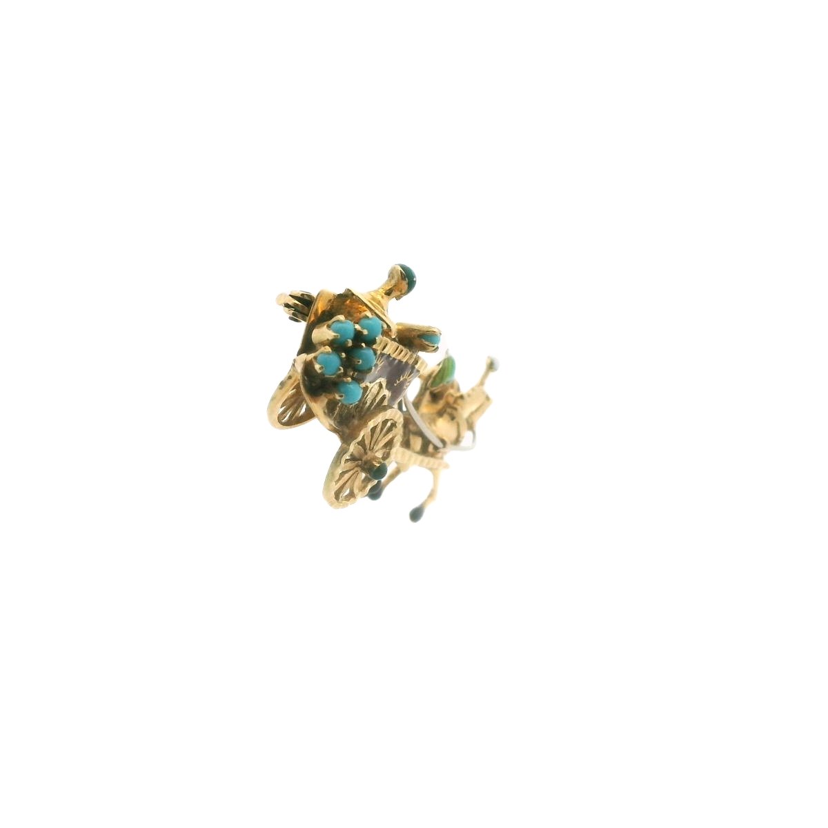 Vintage Sosai 18K Two Tone Gold Turquoise Enamel Horse Cart Brooch
