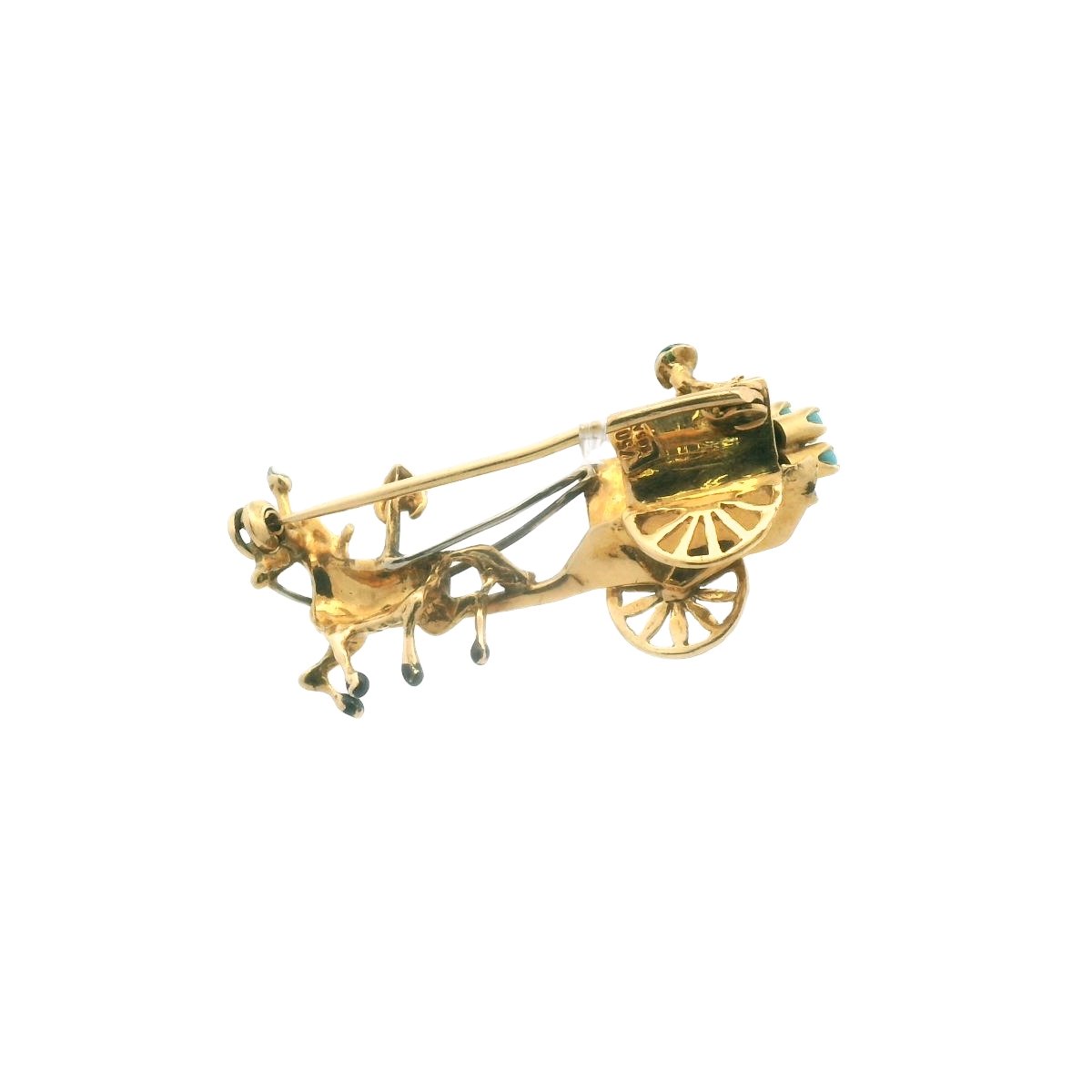 Vintage Sosai 18K Two Tone Gold Turquoise Enamel Horse Cart Brooch