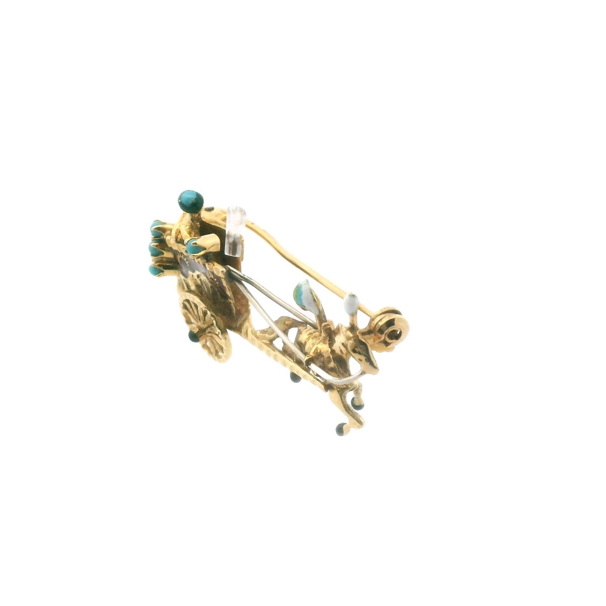 Vintage Sosai 18K Two Tone Gold Turquoise Enamel Horse Cart Brooch