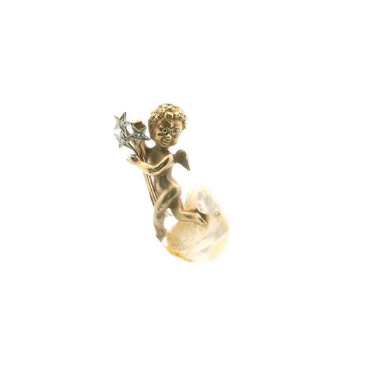 Vintage 14K Two Tone Gold Diamond & Pearl Cherub Brooch AS IS