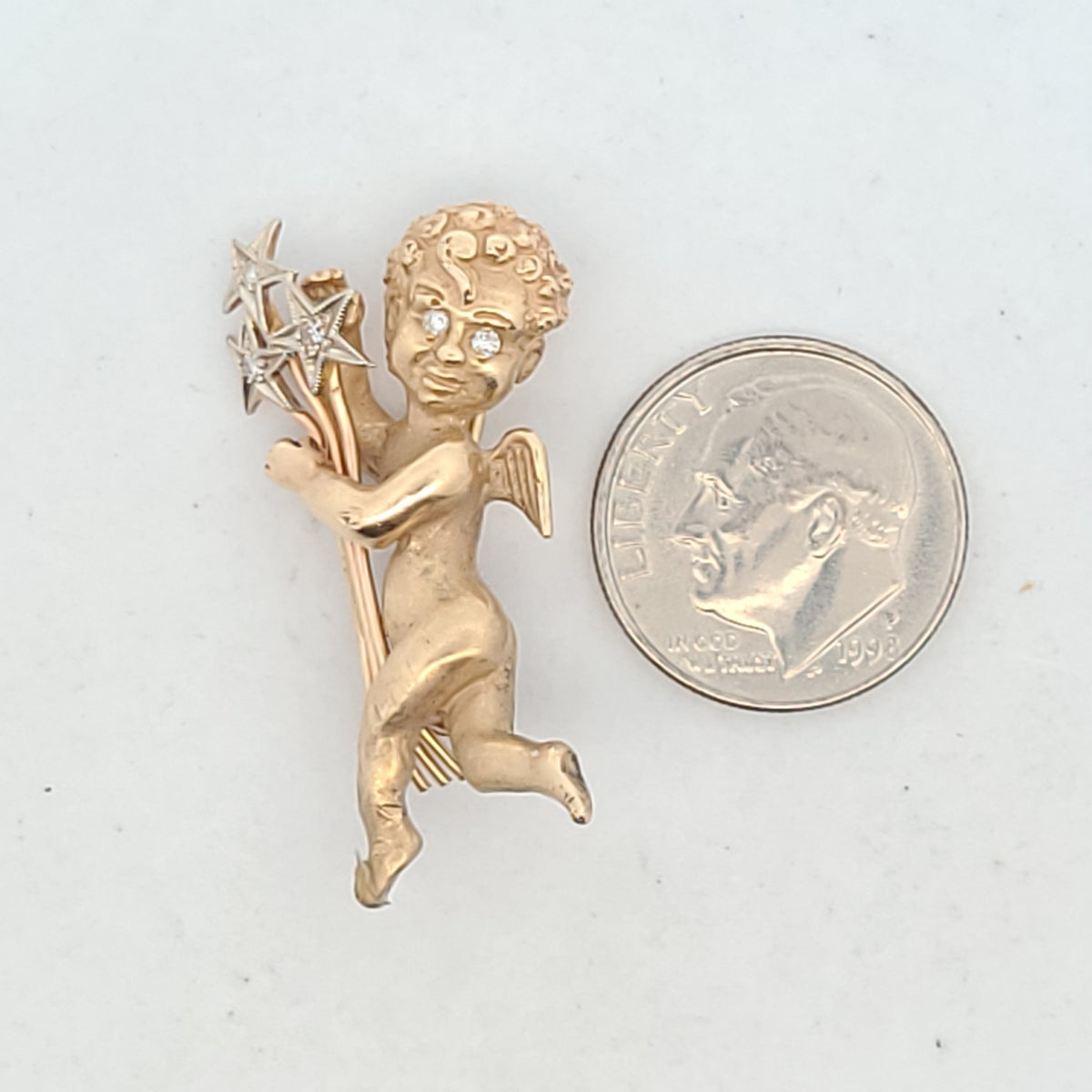 Vintage 14K Two Tone Gold Diamond & Pearl Cherub Brooch AS IS