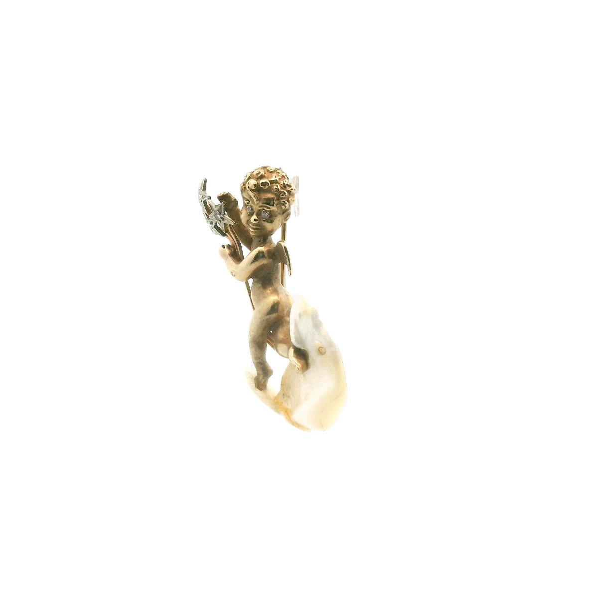 Vintage 14K Two Tone Gold Diamond & Pearl Cherub Brooch AS IS