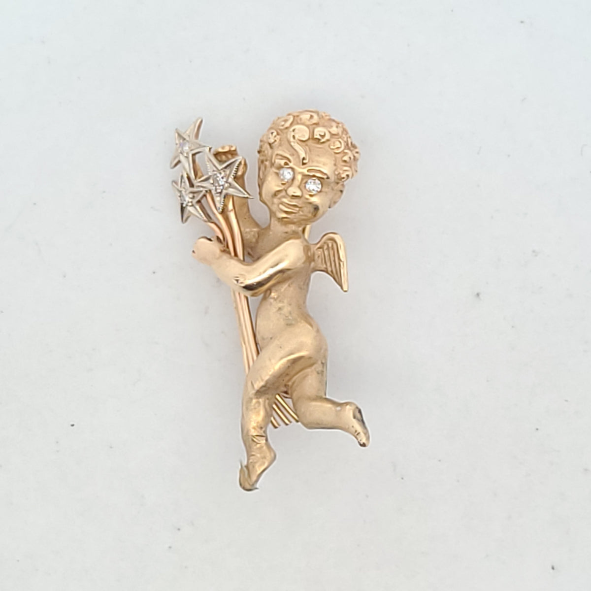 Vintage 14K Two Tone Gold Diamond & Pearl Cherub Brooch AS IS