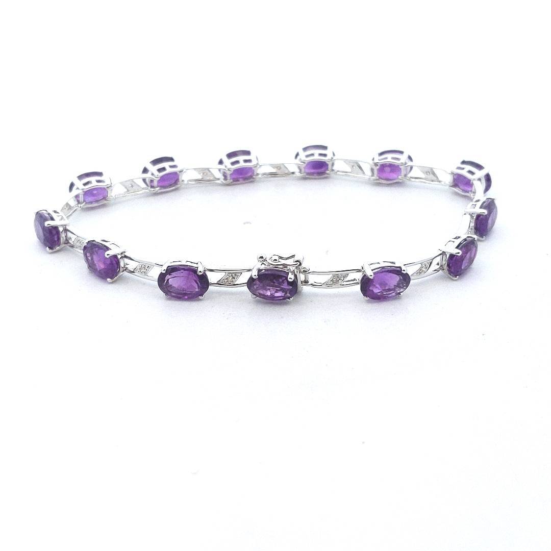 14K White Gold Natural Diamond & Amethyst Bracelet