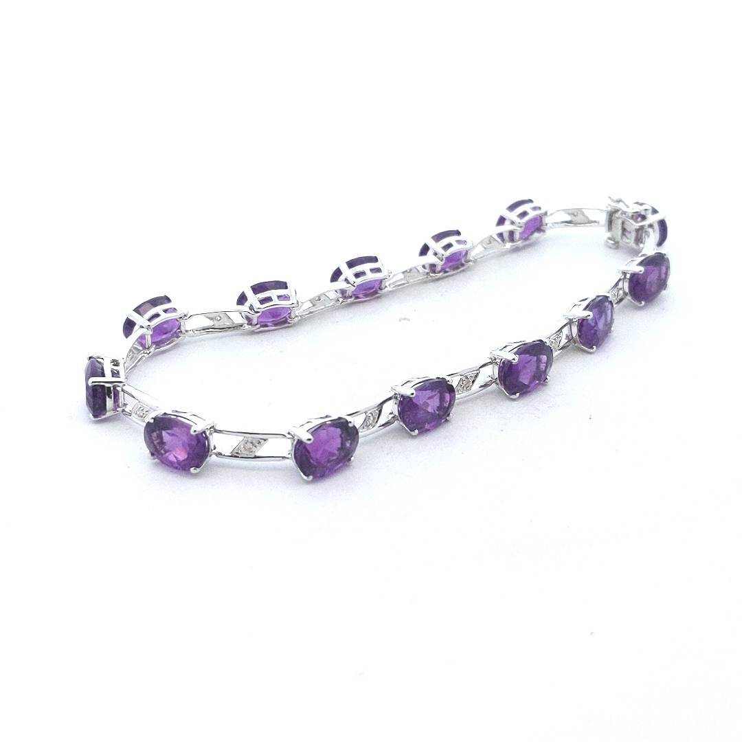 14K White Gold Natural Diamond & Amethyst Bracelet