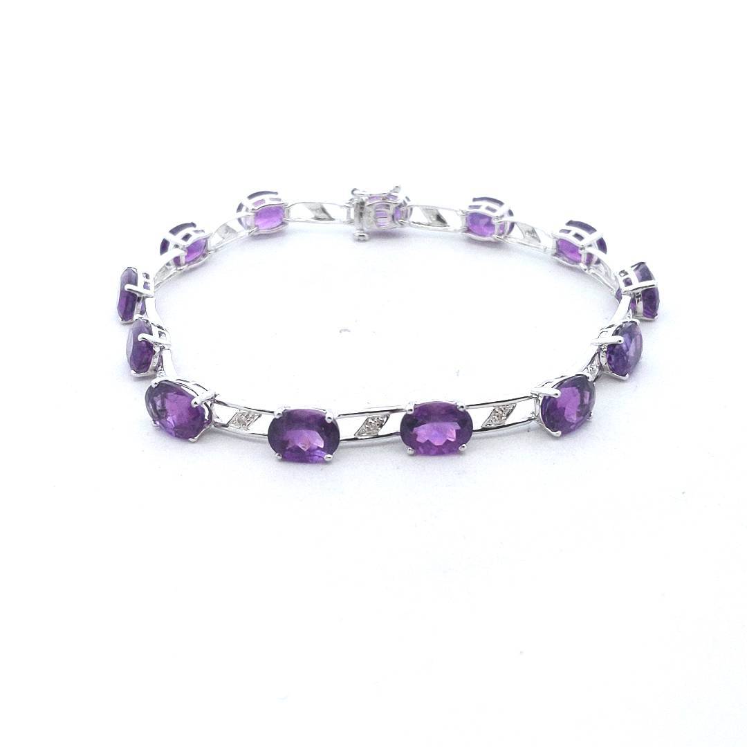 14K White Gold Natural Diamond & Amethyst Bracelet