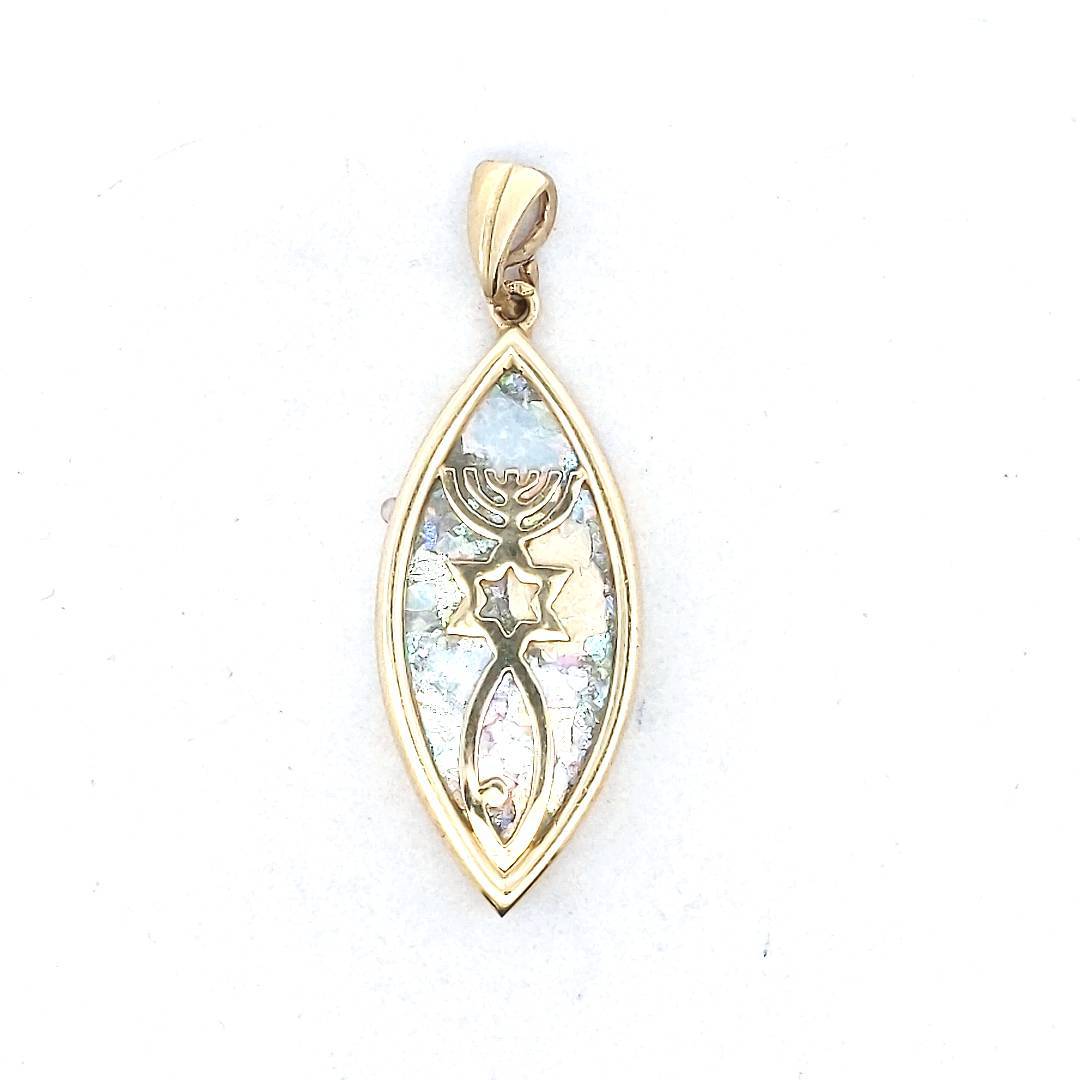 14K Yellow Gold Roman Style Glass Judaica Pendant