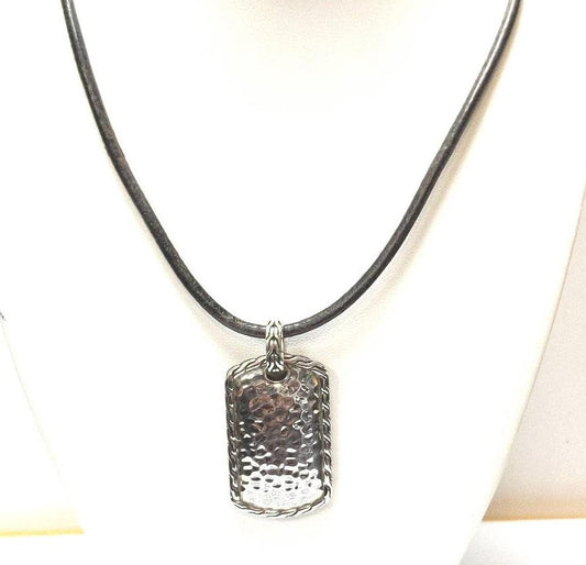 John Hardy Sterling Silver Hammered Dog Tag Pendant Cord Necklace
