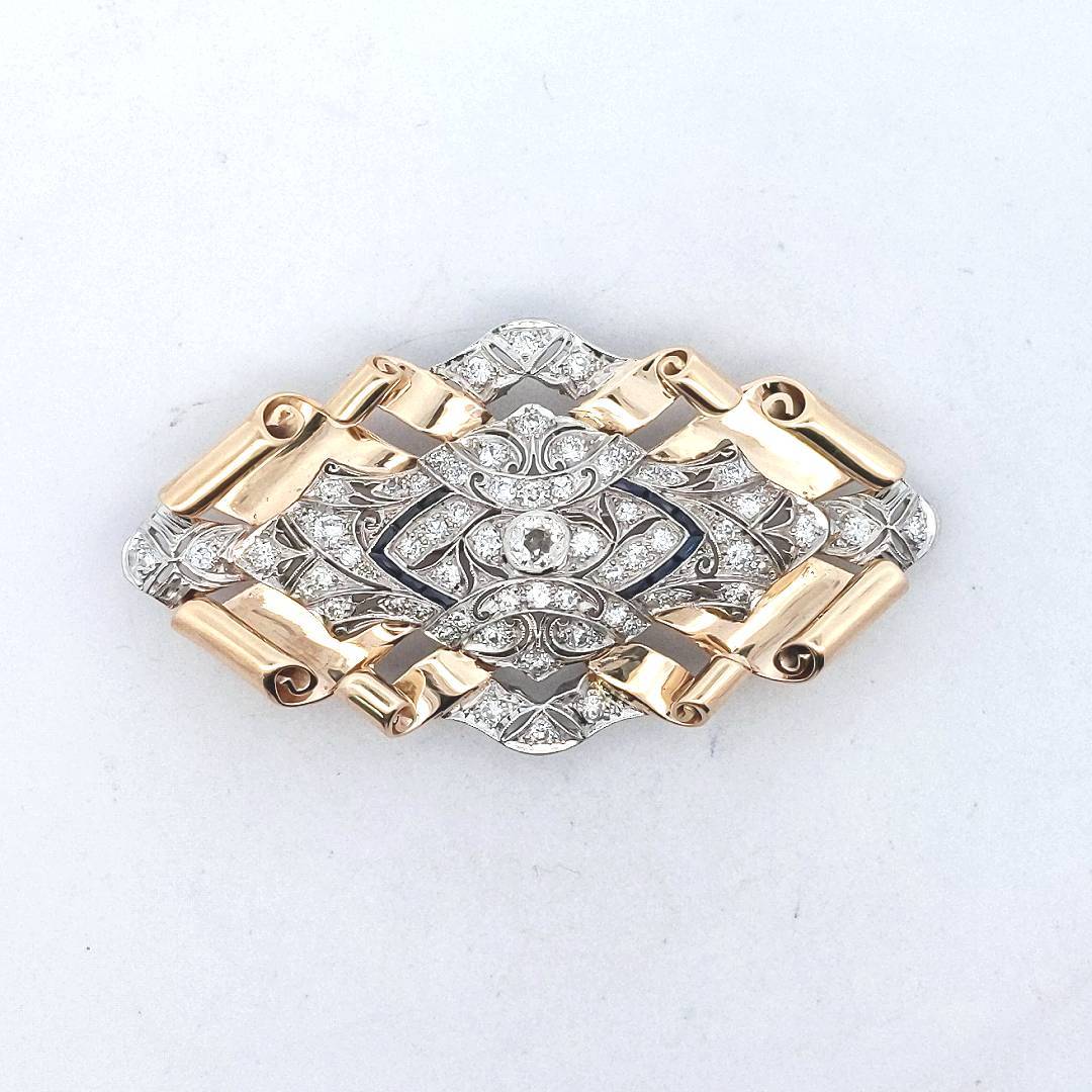 Vintage 14K Yellow Gold & Platinum Diamond Lab Sapphire Pin