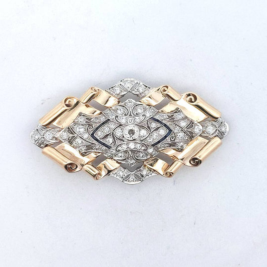 Vintage 14K Yellow Gold & Platinum Diamond Lab Sapphire Pin