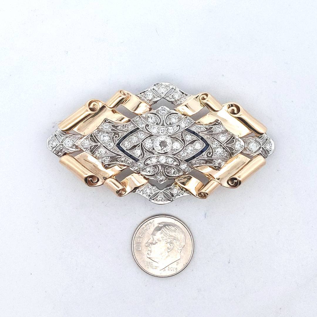 Vintage 14K Yellow Gold & Platinum Diamond Lab Sapphire Pin