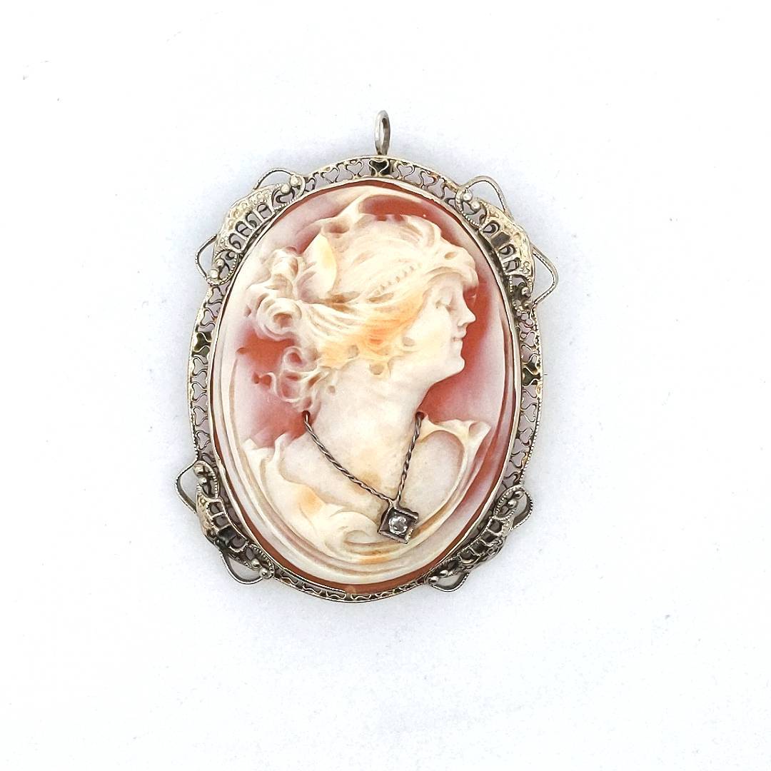 Antique 14K White Gold Diamond Carved Shell Cameo Brooch