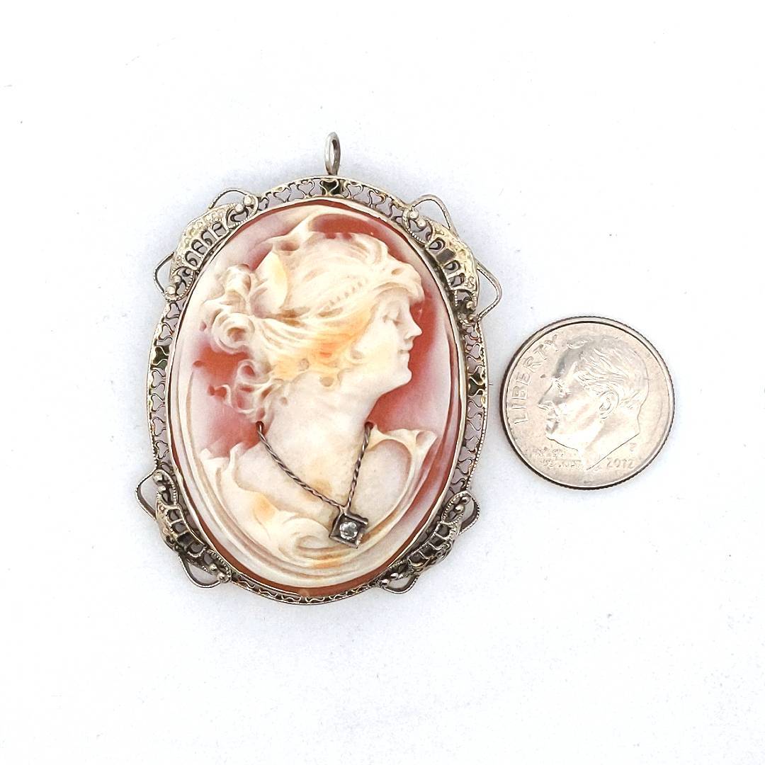 Antique 14K White Gold Diamond Carved Shell Cameo Brooch