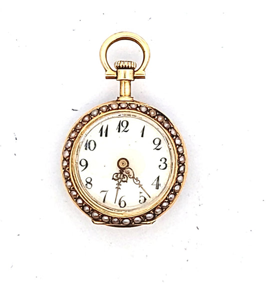 Antique 18K Yellow Gold Enamel Seed Pearl Pocket Watch AS IS