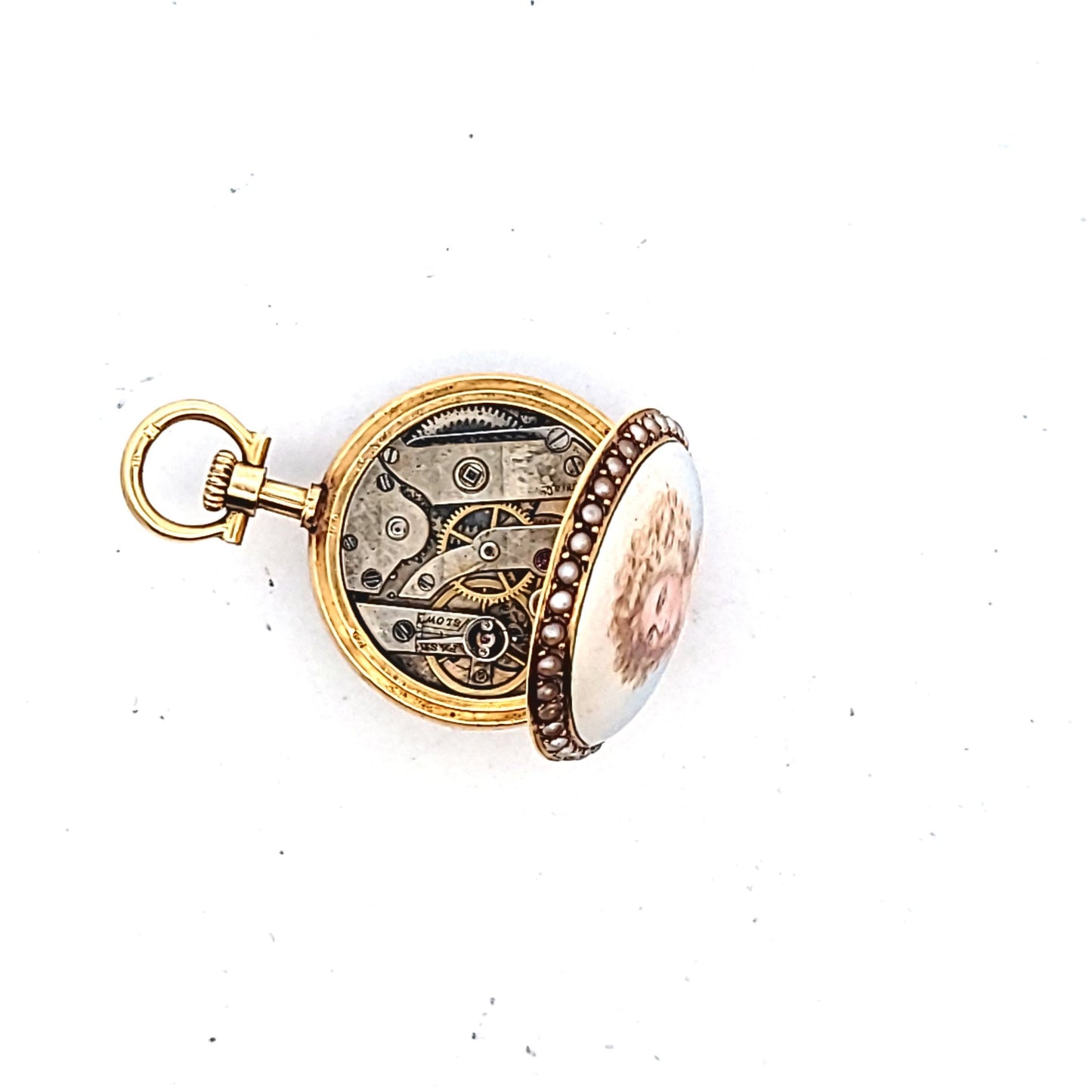 Antique 18K Yellow Gold Enamel Seed Pearl Pocket Watch AS IS