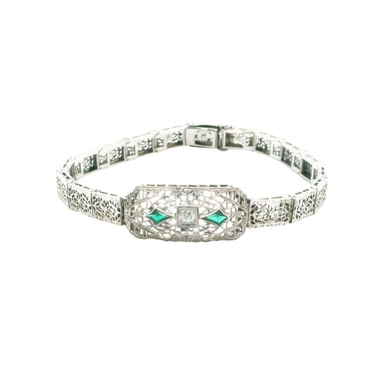 Edwardian 14K White Gold Diamond & Lab Created Emerald Filigree Bracelet