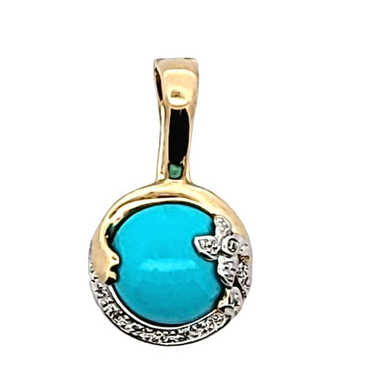 14K Yellow Gold Diamond & Turquoise Flower Design Enhancer Pendant