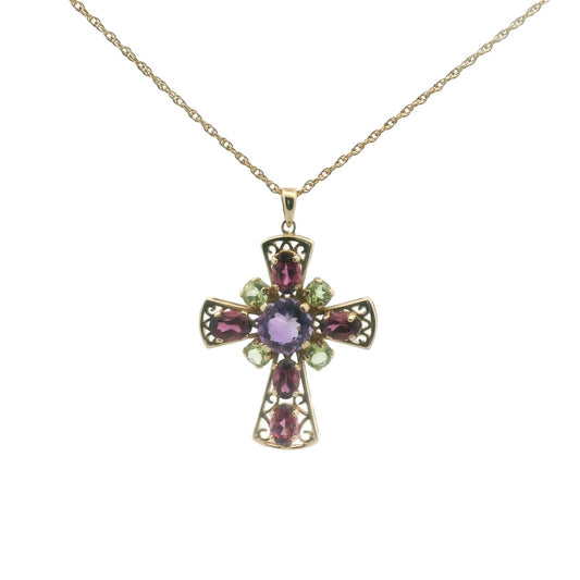 14K Yellow Gold Amethyst Peridot & Garnet Cross Necklace