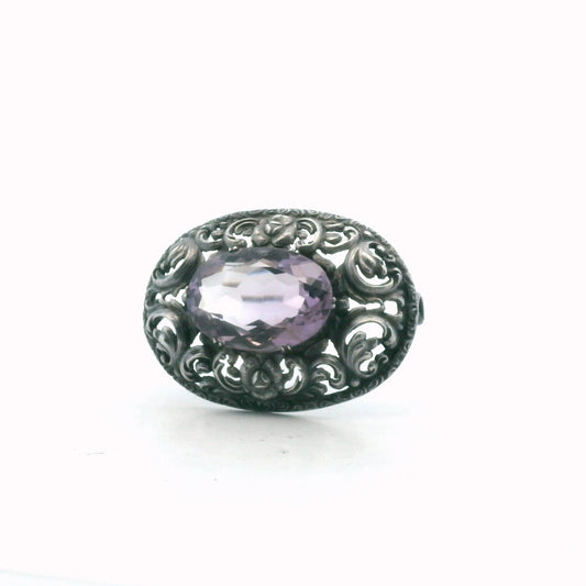 Antique 800 Silver Oval Amethyst Repousse Design Brooch