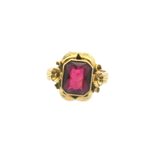 Retro 20K Yellow Gold Lab Created Ruby Flower Design Ring