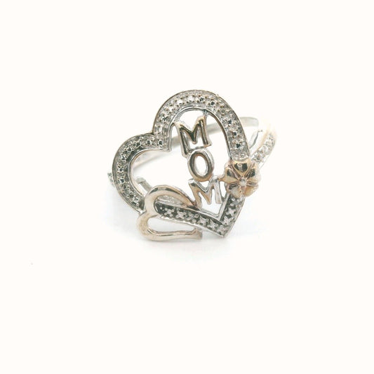 Sterling Silver Diamond Mom Flower Heart Ring