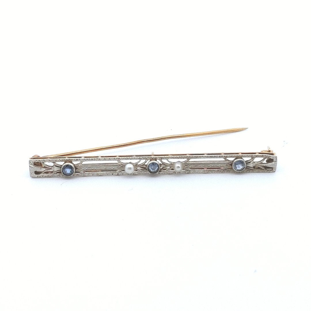 Antique 14K Yellow Gold Platinum Top Sappire Pearl Bar Brooch