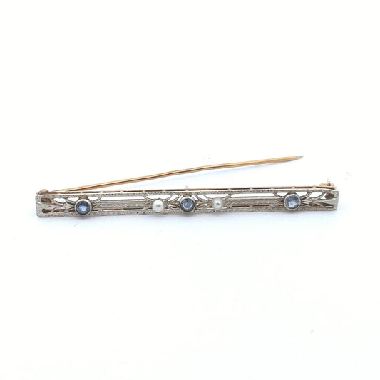 Antique 14K Yellow Gold Platinum Top Sappire Pearl Bar Brooch