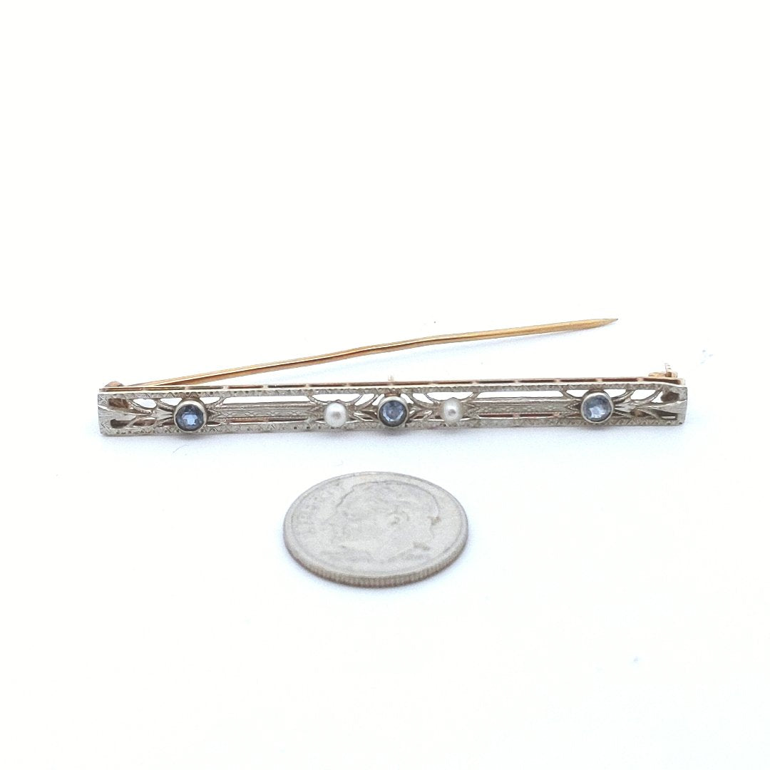 Antique 14K Yellow Gold Platinum Top Sappire Pearl Bar Brooch