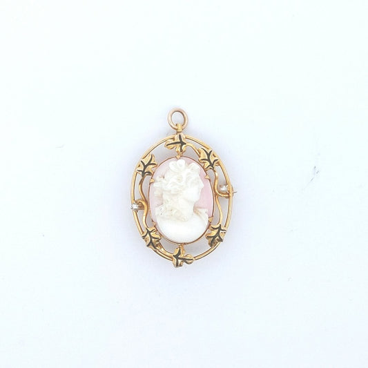 Antique 10K Yellow Gold Pink Carved Shell Cameo Pearl Brooch