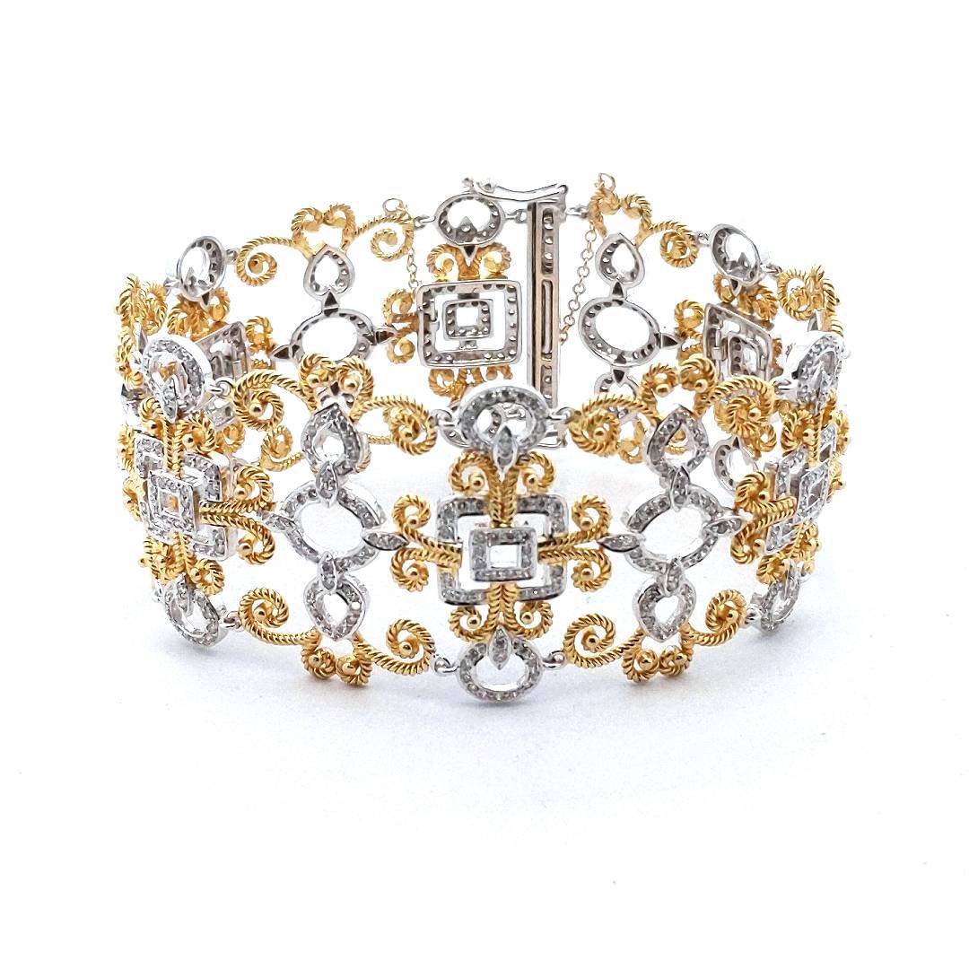 18K Two Tone Gold Diamond Scroll & Rope Design Bracelet