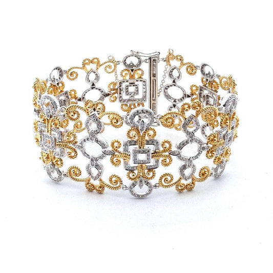 18K Two Tone Gold Diamond Scroll & Rope Design Bracelet