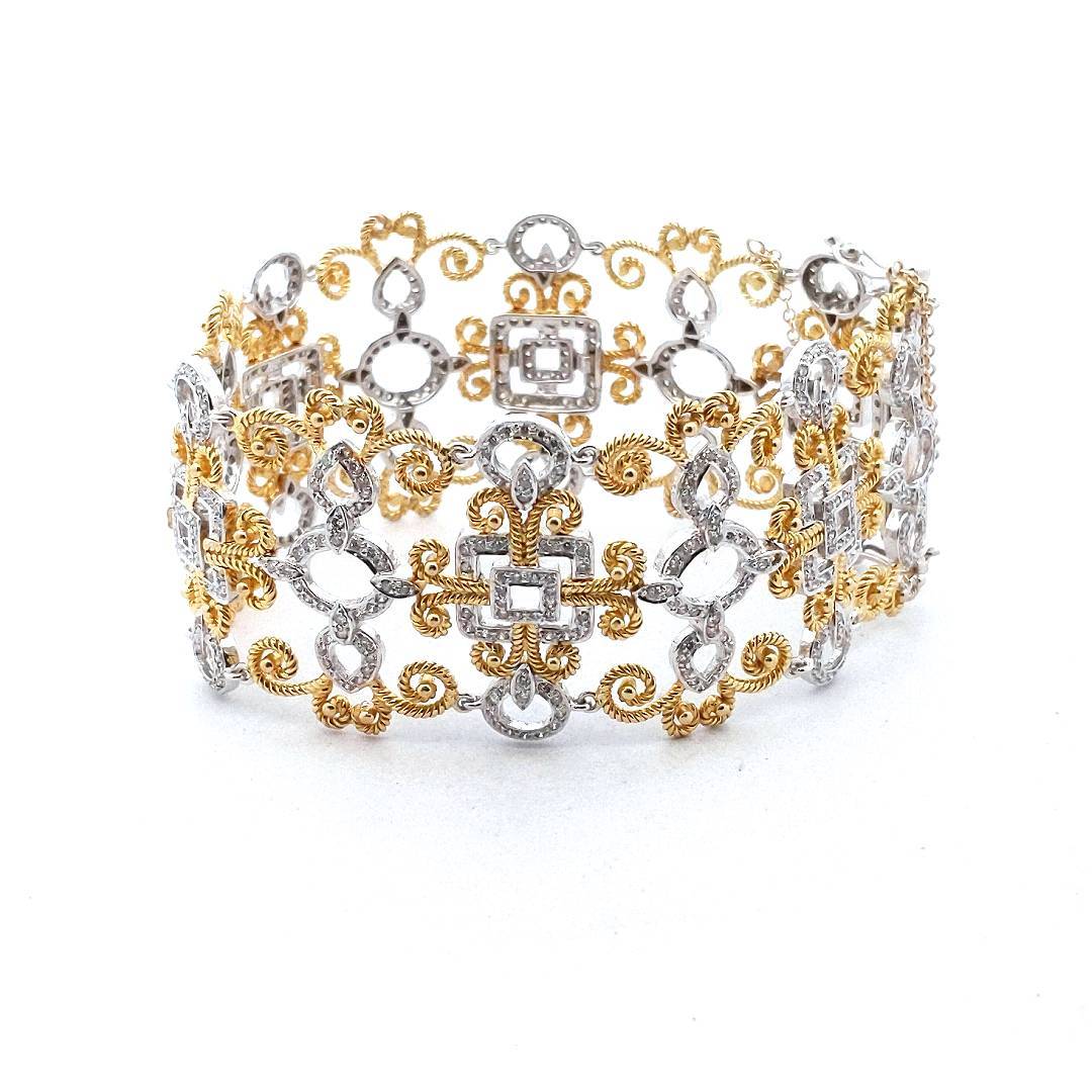 18K Two Tone Gold Diamond Scroll & Rope Design Bracelet