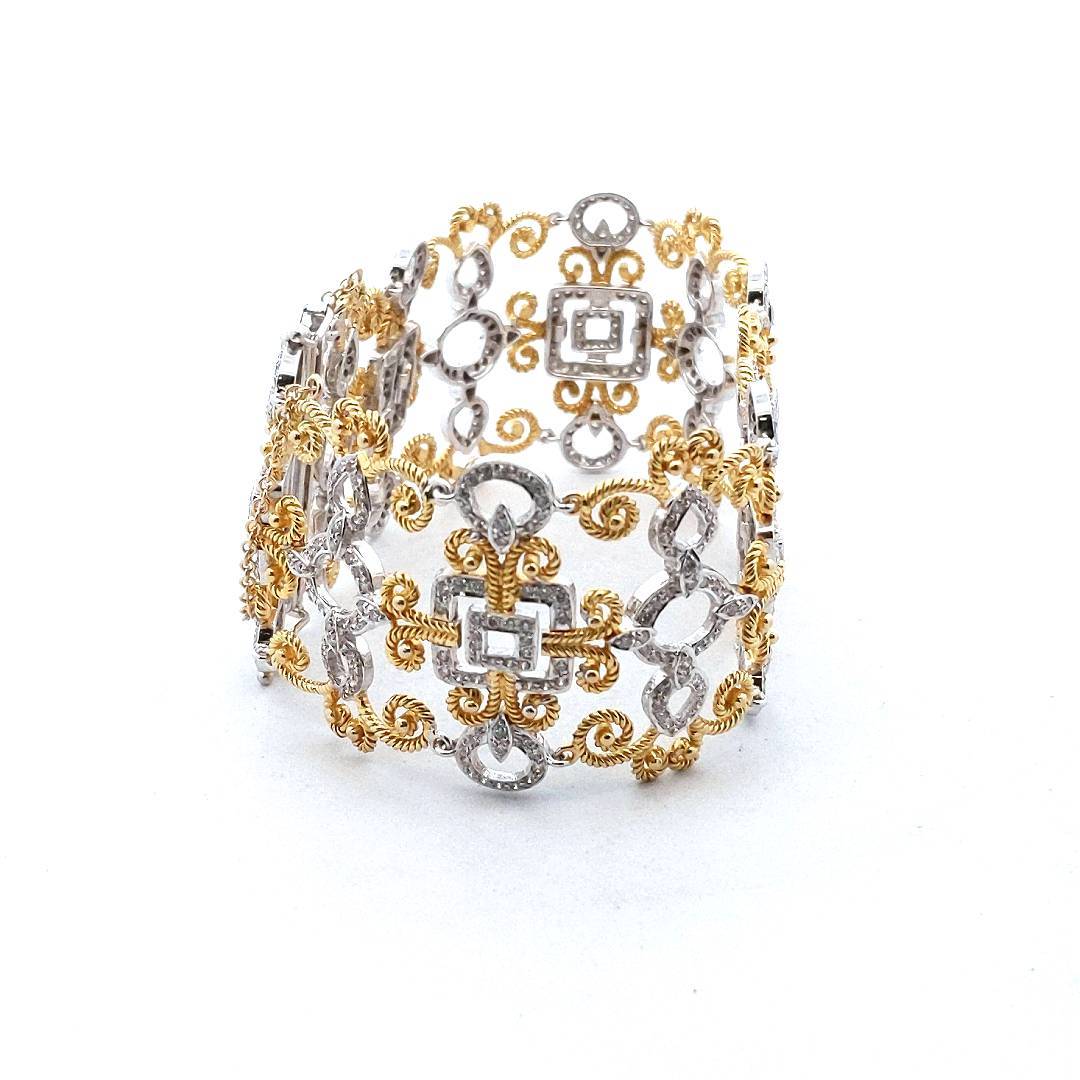 18K Two Tone Gold Diamond Scroll & Rope Design Bracelet