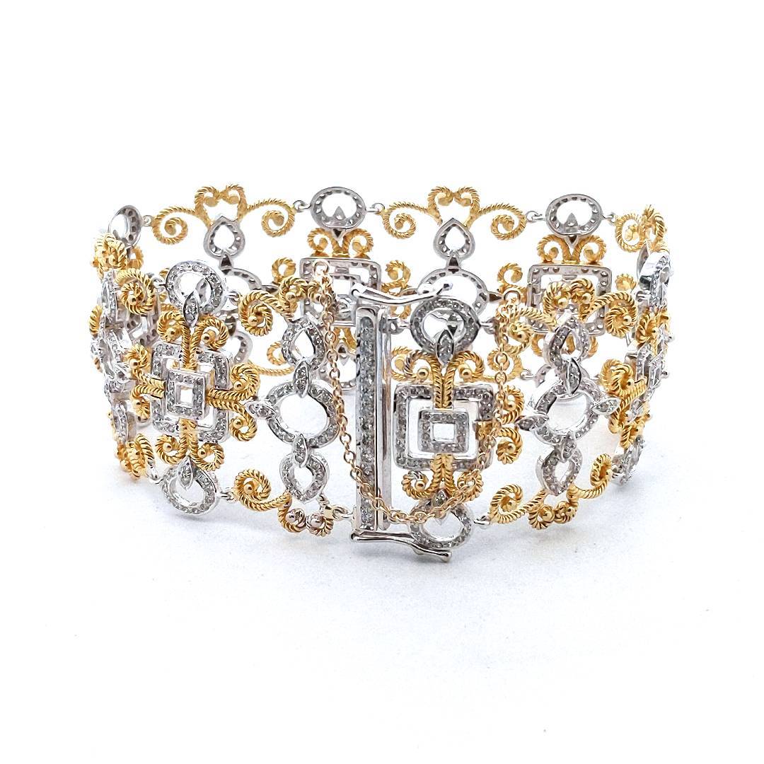 18K Two Tone Gold Diamond Scroll & Rope Design Bracelet