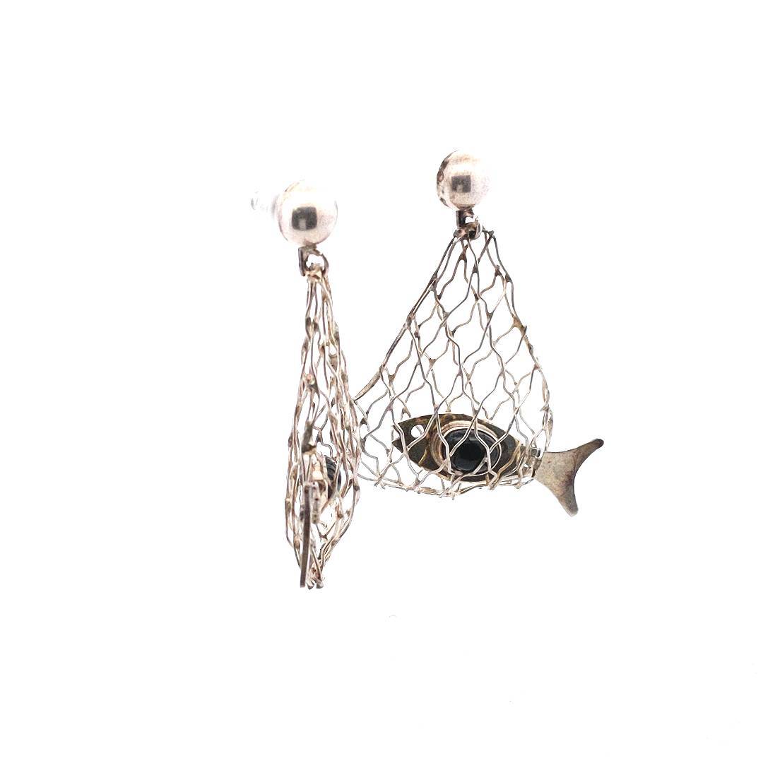 Carsi Sterling Silver Onyx Fish In Net Earrings