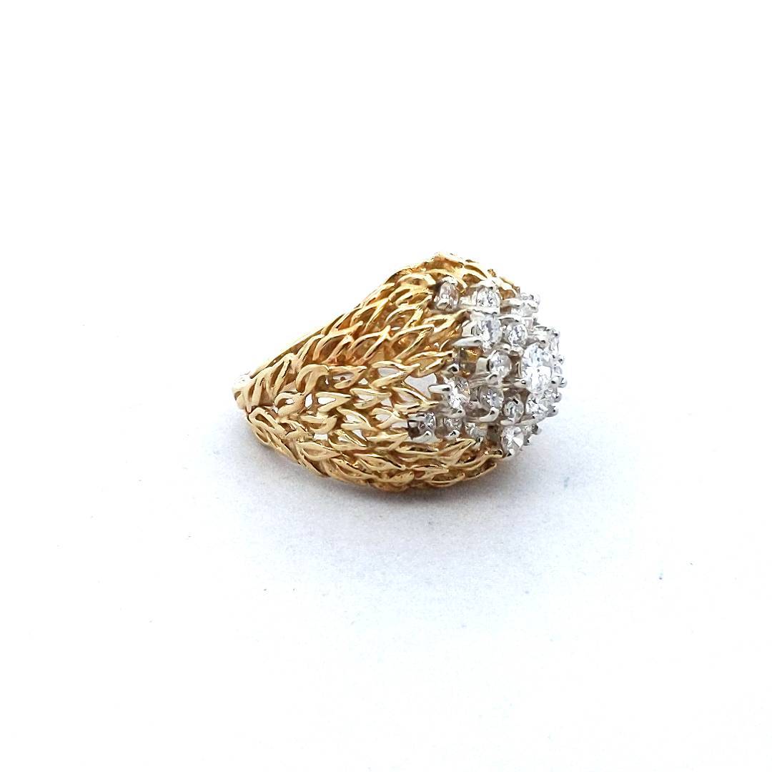 18K Two Tone Gold Diamond Dome Leaf Design Ring