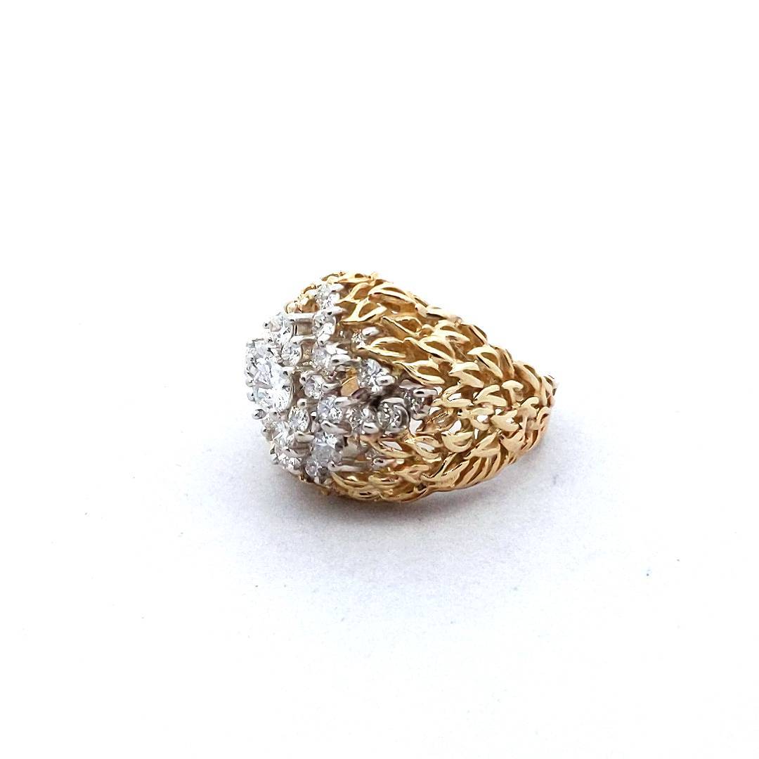 18K Two Tone Gold Diamond Dome Leaf Design Ring