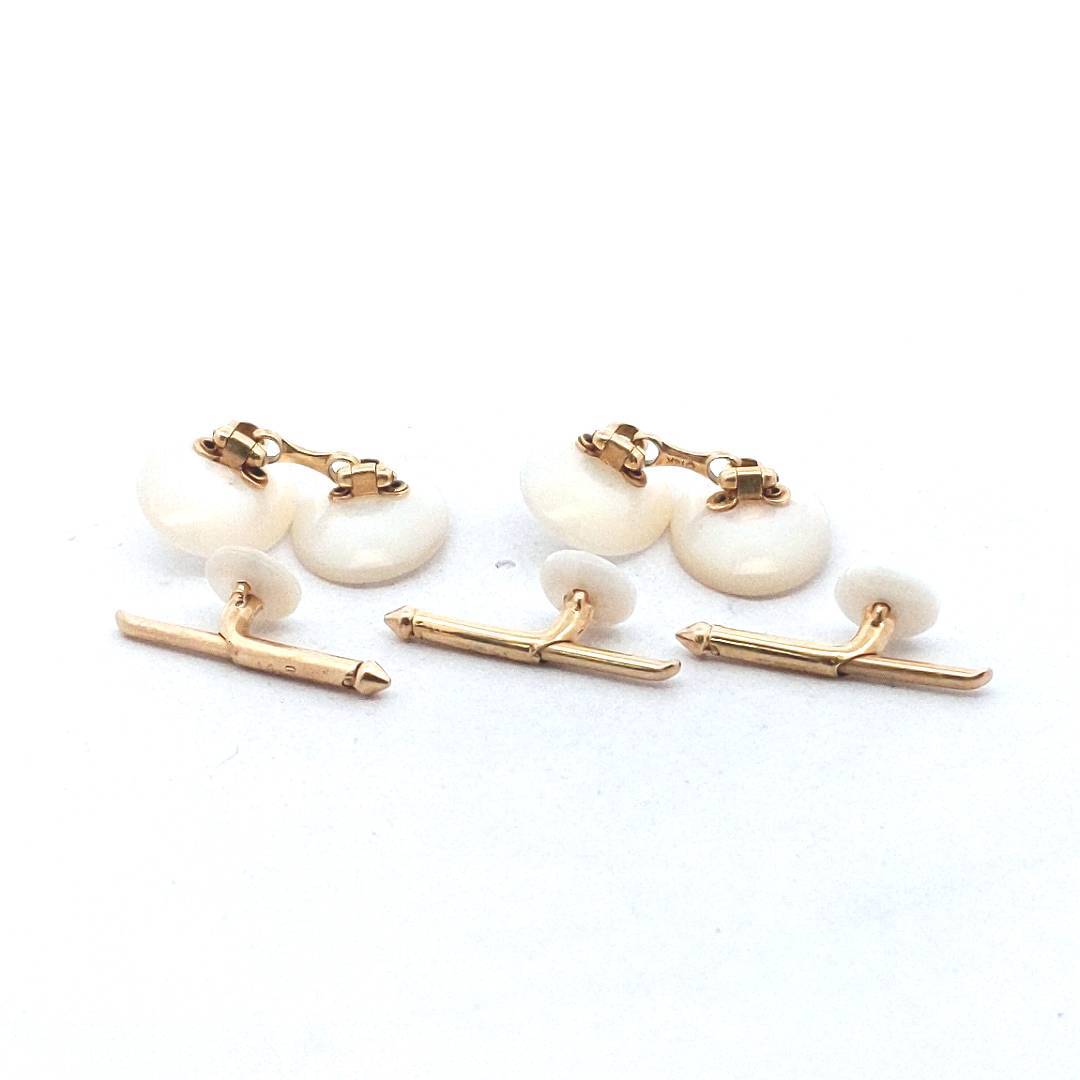 14K Yellow Gold Mother of Pearl Button Studs & Cuff Links Set