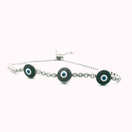 Sterling Silver Adjustable Black Spinel & White Topaz Evil Eye Bracelet
