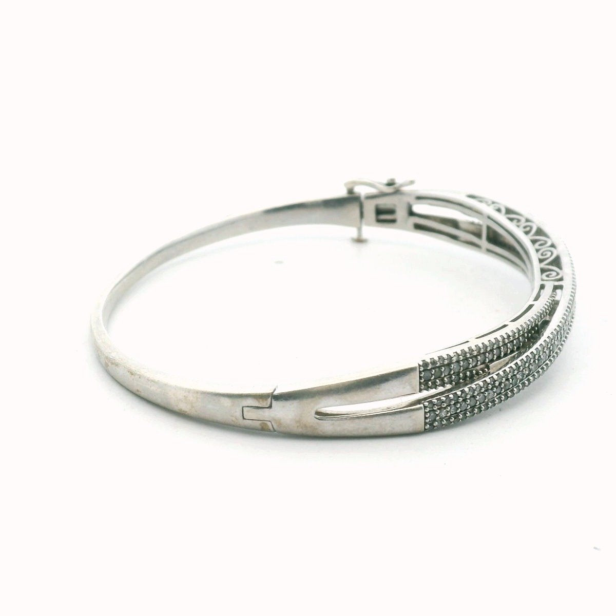Sterling Silver Diamond Crossover Hinged Bangle