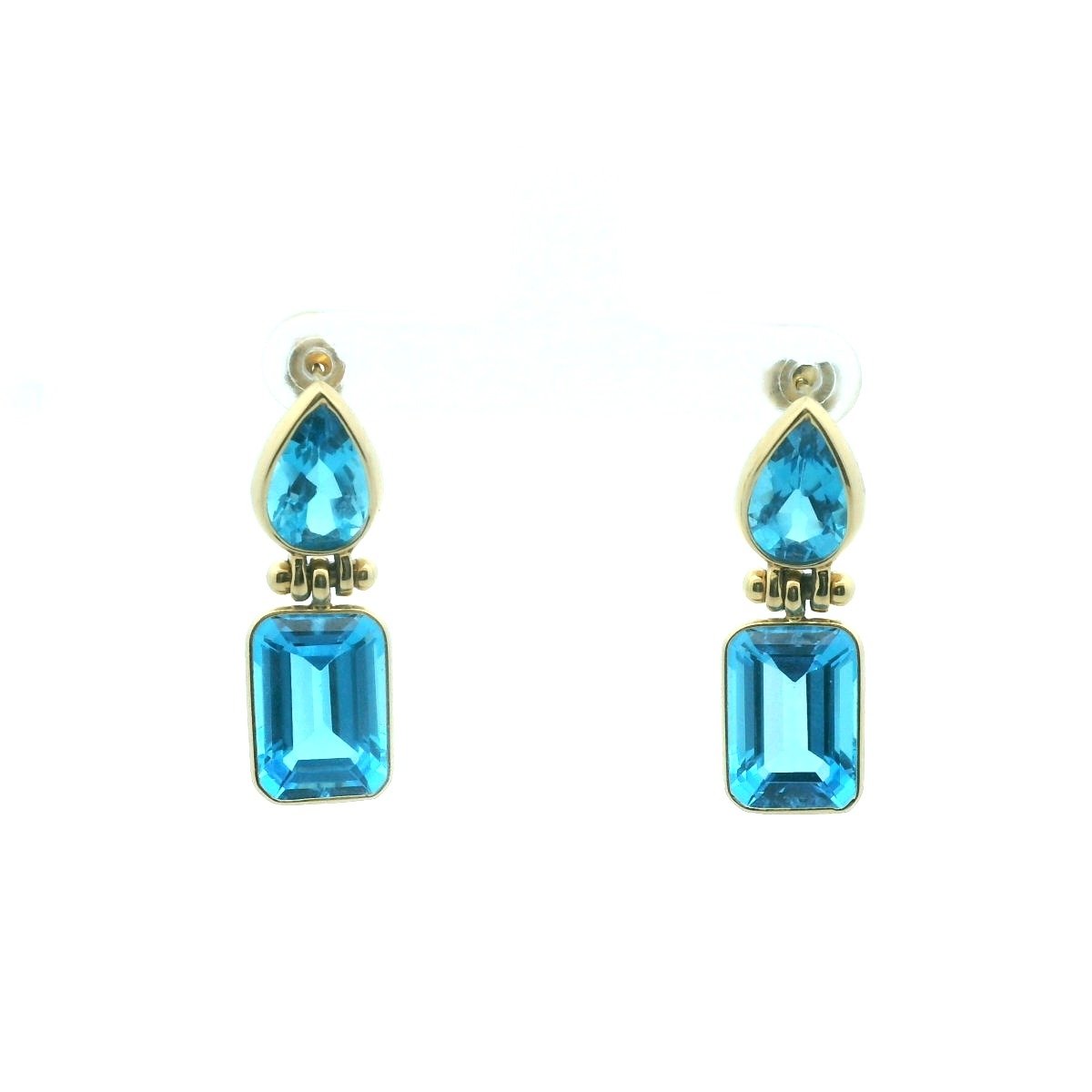 18K Yellow Gold Blue Topaz Hinged Drop Earrings