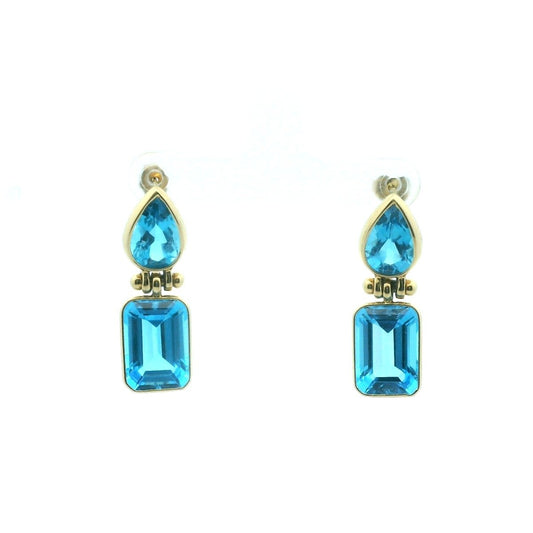 18K Yellow Gold Blue Topaz Hinged Drop Earrings