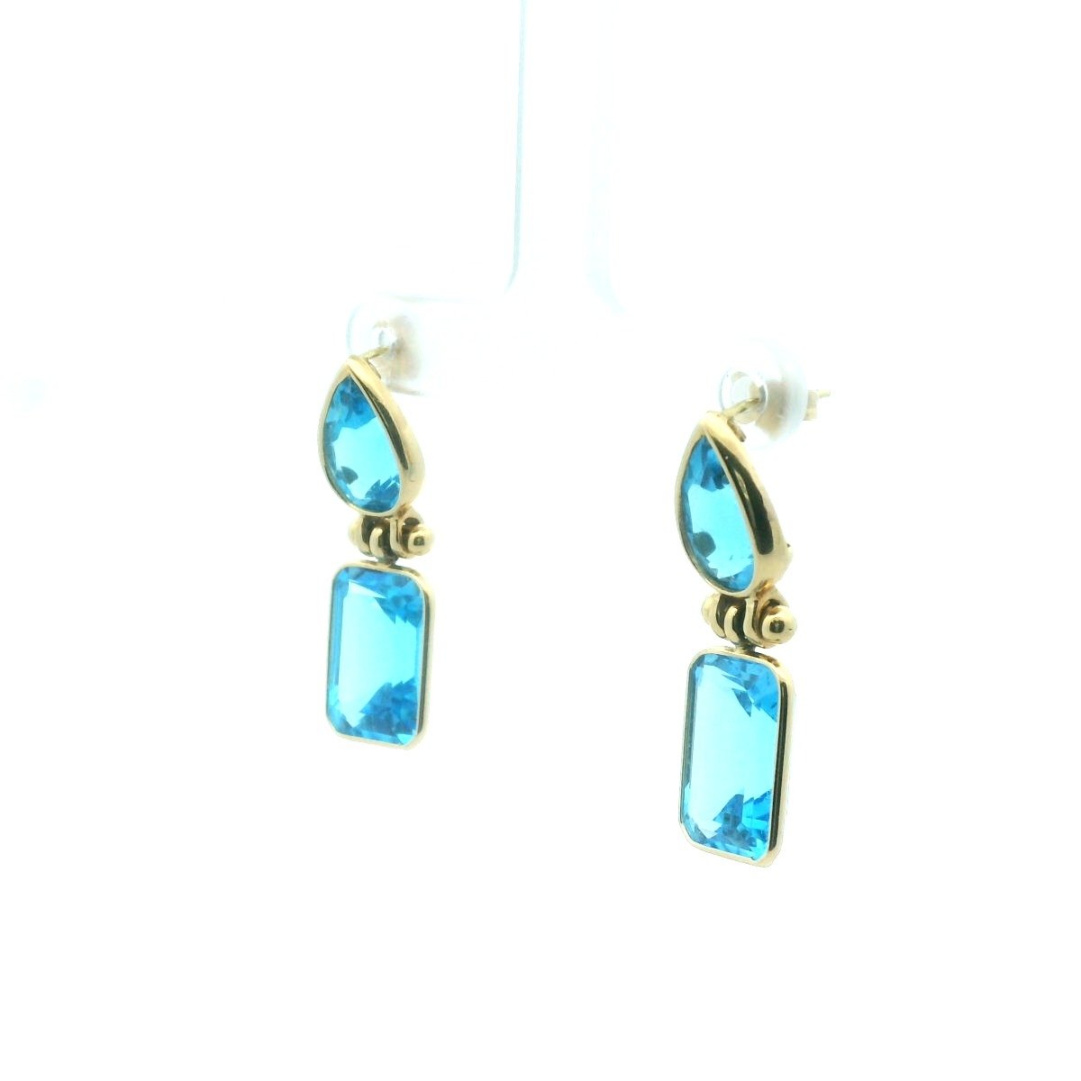 18K Yellow Gold Blue Topaz Hinged Drop Earrings
